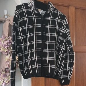 Talbots Cotton Black and White Plaid Zip-Front Large Petite Cardigan